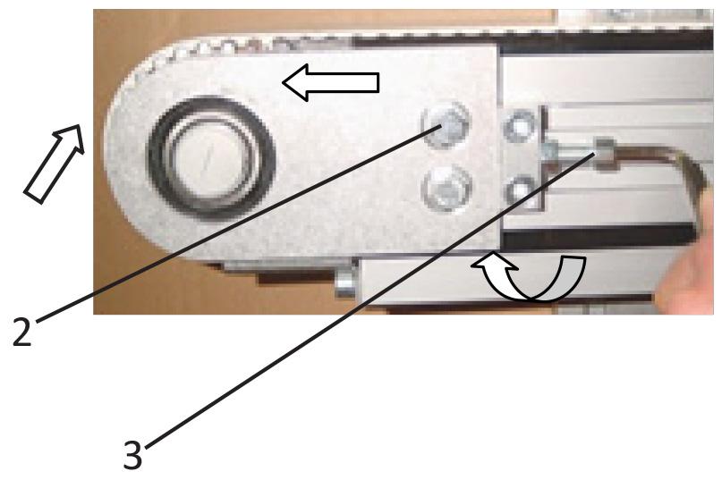 Loosen screws (2) and (4) to pull the entire assembly (1) out (arrow direction) in order to pretension the timing belt.