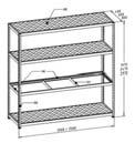 4 shelves, load capacity at equally distributed load 500 kg. Field loads up to max. 3000 kg at equally distributed load, stepped beams adjustable in 50 grid pattern. Profiles and beams galvanised.