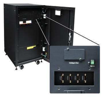 AC large UPS 6-200kVA Bottom right: via the central control panel with background-lit LCD display and LEDs the operating status, and warning messages of UPS and module are displayed.