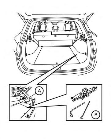 LCE2397 Getting the spare tire and tools 1. Open the rear liftgate. 2. Pull up on the handle to lift the carpeted floorboard and attach the hook as shown. LCE2386 3.