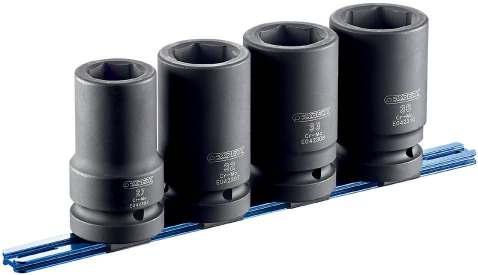 POWER TOOS 1" IMPACT SOCKET SETS 4-PIECE SET OF 1" ONG-REACH IMPACT SOCKETS ON RACK 1" metric 6-point long-reach impact sockets. Sockets: 27-32-33-36 mm. Supplied with safety shanks and pins.