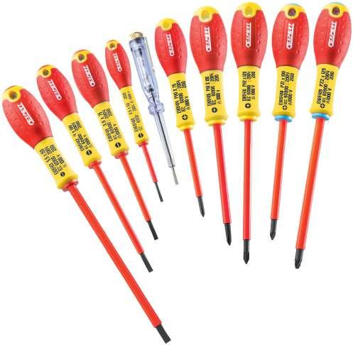 EECTRICITY - EECTRONICS 1000 V INSUATED SCREWDRIVERS SET OF 10 1000 V INSUATED SCREWDRIVERS EN 60900 Screwdrivers for slotted head screws: 2.5 x 50-3.5 x 75-4 x 100-5.5 x 150mm.