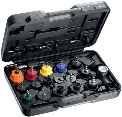 AUTOMOTIVE TOOING COOING SYSTEM TESTER KIT Complete kit for detecting leaks in cooling systems. Includes adapters with quick couplers compatible with most European and Japanese cars.