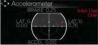 Information Displays Accelerometer 3. Follow the on-screen prompts. Brake Performance Displays your vehicle s rate of deceleration. 1. Choose desired speed to start recording data. 2.