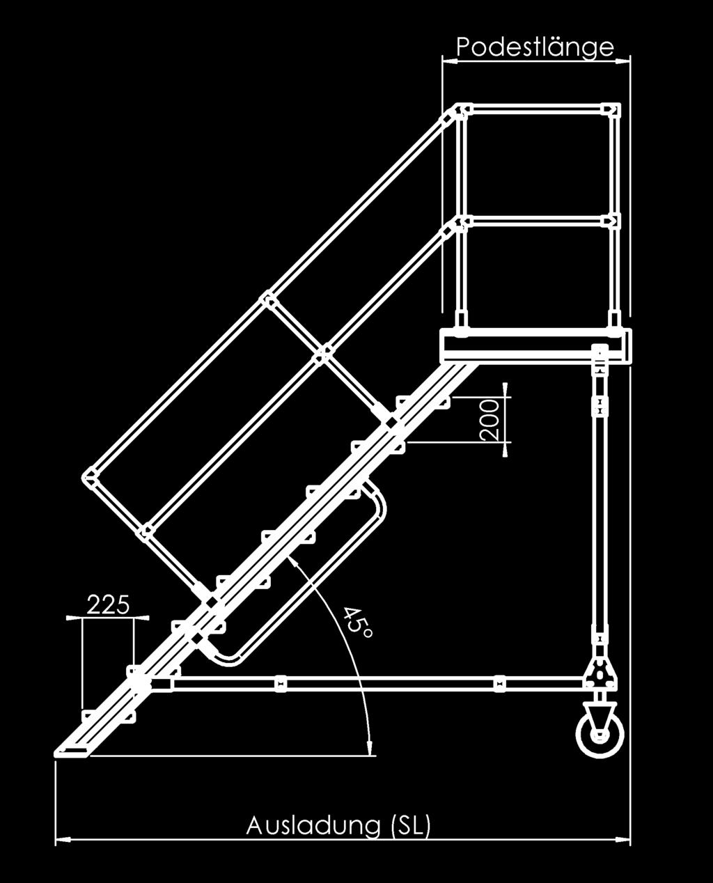 Steps with platform and castors,»100 S range«accessible from one side Size Vertical Outer dimensions Clear width Outer dimensions Clear width height 1 ) TB x SL 600 mm p. TB x SL 800 mm p. m. approx.