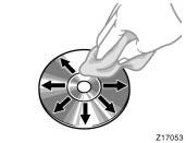 Z17053 To clean a disc: Wipe it with a soft, lint free cloth that has been dampened with water. Wipe in a straight line from the center to the edge of the disc (not in circles).