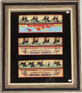 Lot 1276 1276 3 Framed and Glazed Pictures Depicting 4 Original Boxed Britains Set, to include No.115 Eqyptian Cavalry, No.77 Gordon Highlanders, No.1554 Royal Canadian (Mounted) Police, No.