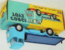 yellow special request box (NM-BVG) 80-100 1643 Corgi Toys, 457 ERF 44G platform lorry, light blue cab and chassis with dark blue back, flat