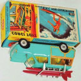 the original yellow and blue all card box (NM- BVG) 80-100 1651 Corgi Toys, 485 Mini Countyman with surfer, sea green body with lemon