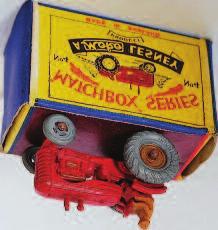 blue body with orange metal wheels, in the original all card type A box (VGNM-BVG) 40-60 2314 Matchbox 1-75 4A Massey Harris Tractor, red body with type A mud guards, gold hubs, tan driver with open