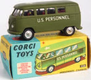 all-card box (VG,BVG) 60-80 Lot 1737 Lot 1738 1738 Corgi Toys, 356 US army personnel carrier, military green body with red interior, with driver figure and spun hubs, in the original blue and yellow