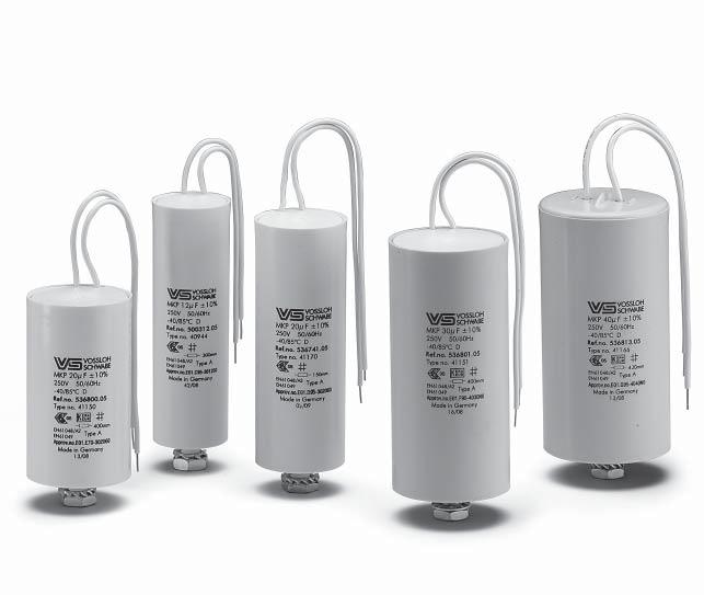 Parallel connected capacitors Parallel Connected Capacitors with Leads 250 V, 50/60 Hz Capacitors type A Casing: plastics, white Fastening: male nipple with nut and washer included Discharge