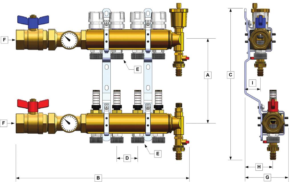 Manifolds Large dimension 1.5 Brass Manifolds Mr PEX 1.5 Brass Manifolds are made from high-quality extruded brass and offered in 2 10 loop pre-assembled configurations (no 7 or 9 loop version).