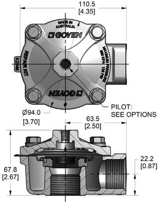 GOYEN RCAC25T4 REVERSE PULSE JET VALVES DIMENSIONS (Dimensions in mm and [inches]) CONSTRUCTION Body: Aluminium (diecast) Screws: 304 Stainless steel Diaphragm: Proprietary highperformance