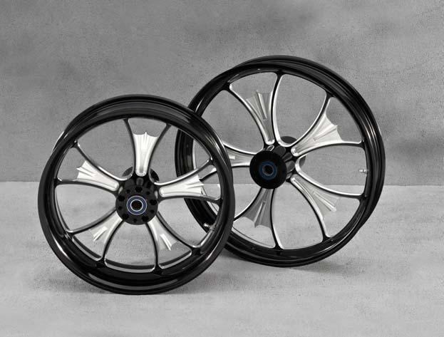 Available in brilliant chrome or Midnight contrast black anodized/raw machined aluminum, Star Custom Wheels are a bold statement in the personalization of your ride.