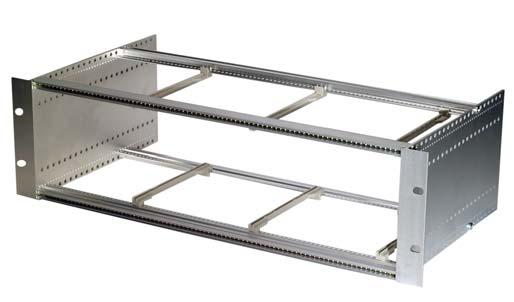 DIN-Rack Systems Complete 19" rack with side walls, transversal rails, and mounting flanges. Six guiding rails are included for set up of a system with up to three converters.