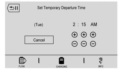 To temporarily override the Next Planned Departure Time from inside the vehicle: 1. Touch Temporary Override Options on the main charging screen. 2. Touch Next Departure Time. 3.