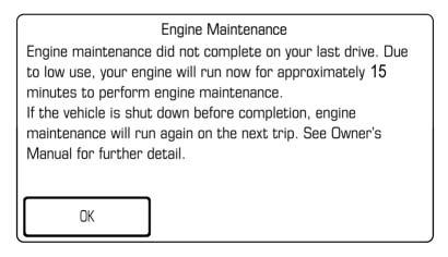 An EMM Notification screen will appear in the infotainment display. If the vehicle is shut off during EMM, it will restart the next time the vehicle is driven. will result in reduced, or no power.