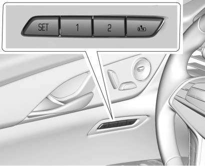 70 SEATS AND RESTRAINTS Memory Seats Platinum Driver Seat Buttons Shown, Passenger Buttons Similar If equipped, the SET, 1, 2, and B (Exit) buttons on the driver door and front passenger door are