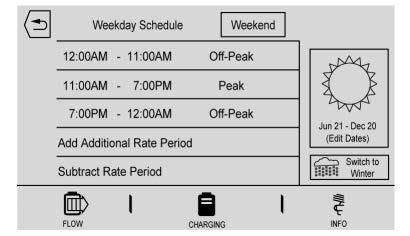 Electric Rate Schedule Editing From the Edit Electric Rate Schedule screen, select Weekday Schedule or Weekend Schedule. 1. Touch Weekday or Weekend. 2. Select the row to be changed.