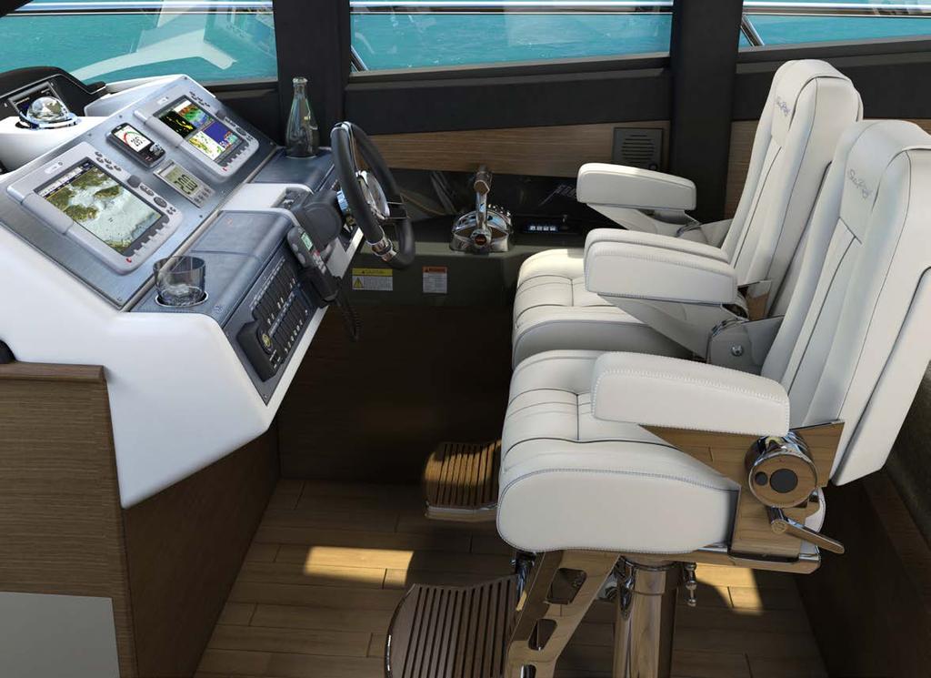 helm The lower control station includes dual Stidd helm seats, dual Raymarine e125 radar/gps/ chartplotters, Autopilot, electronic throttle & shifts and standard bow & stern thruster
