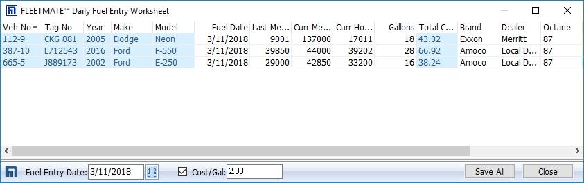 Entering Fuel Records for the Same Day for Multiple Vehicles Use the Vehicle Daily Fuel Entry Worksheet option to enter fuel data for a specific date for multiple vehicles using one window.