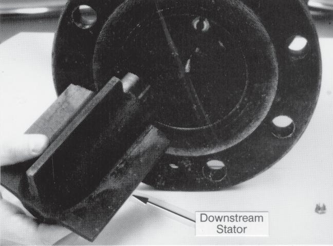 In a bidirectional turbine meter, there is no Woodruff key; the two stators are located by two deflector rings. Figure 6 Removal and Servicing of Meter lnternals 1. Drain product from line.