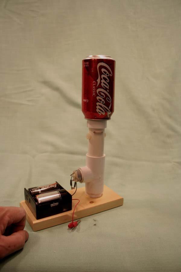 Materials: D-cell battery holder 2 alligator clips Soda can Toy DC electric motor 4 x 8 inch wood base PVC 1 inch to 1/2-inch adapter (for base) PVC tee joint 1 inch by 3/4 inch by 1inch PVC pipe 1