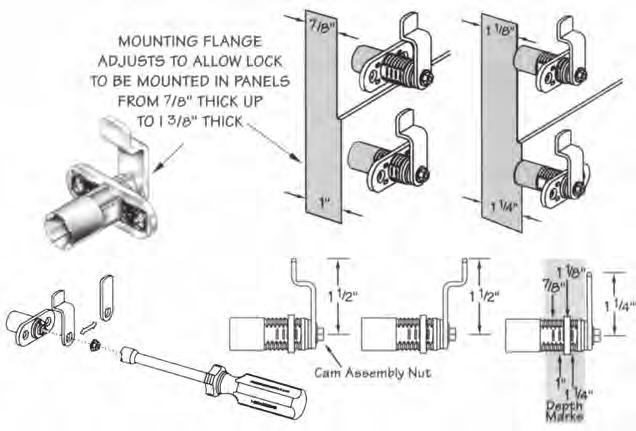 Call, Toll Free 1.800.282.2837 Thick Panel Locks Application: Universal type lock for either doors or drawers that can accommodate panel thickness from 7/8 to 1-3/8 thick.