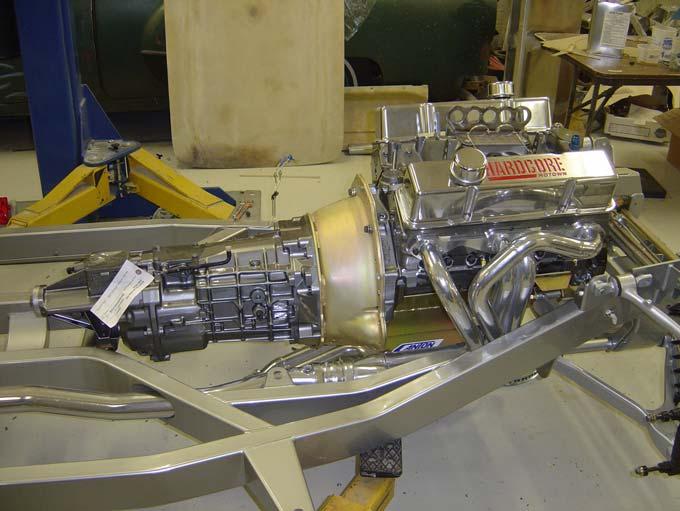 (41) An assembled shot of the engine, transmission, headers and exhaust all set in place.
