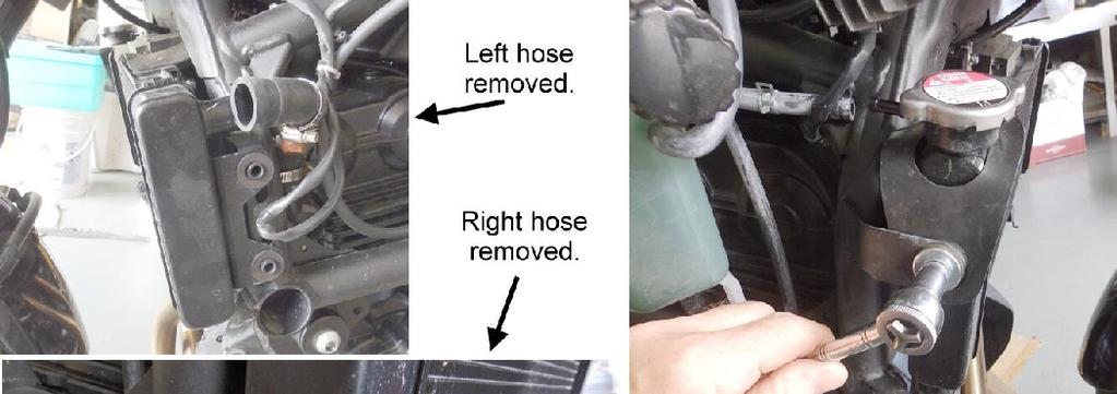The radiator is secured by two round pins on the left side, and one bolt on the right as shown in Figure 6.