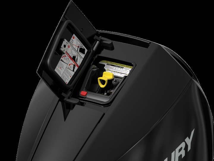 A single push opens the watertight door for access to the dipstick and service decal inside.
