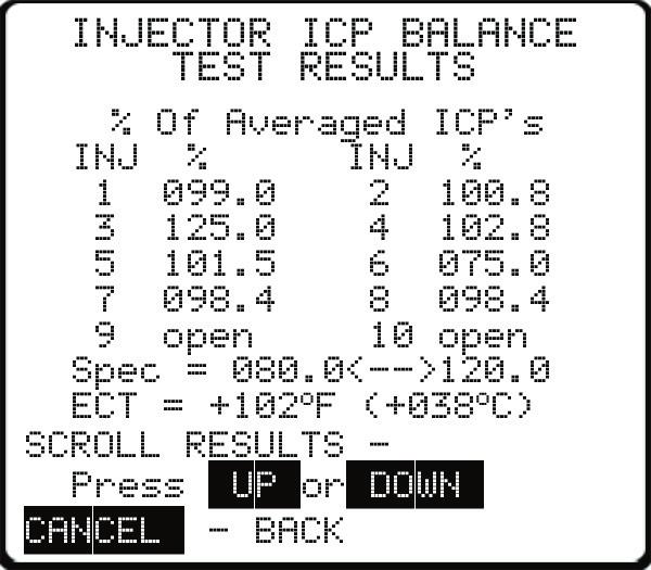The first screen shows all the injector ICP values in a bar graph form with dotted tolerance lines. The second screen displays the same information numerically along with the engine temperature.