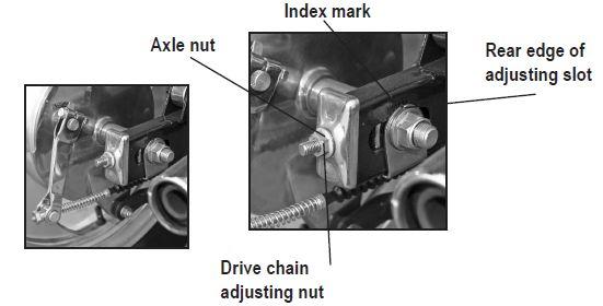 Loosen the lock nuts on both sides of swing arm. 4. Turn both adjusting nuts the same amount of turns until you have reached the correct slack. To tighten the chain, turn the adjusting nuts clockwise.