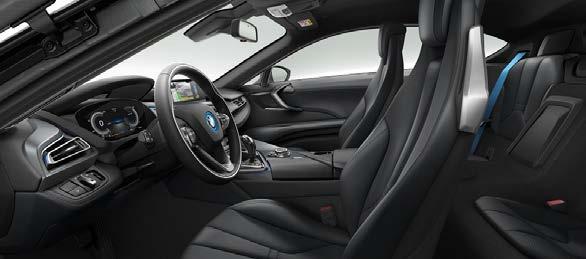centre console - Black interior colour with anthracite headliner and black instrument panel - Seatbelts in BMW i blue; black
