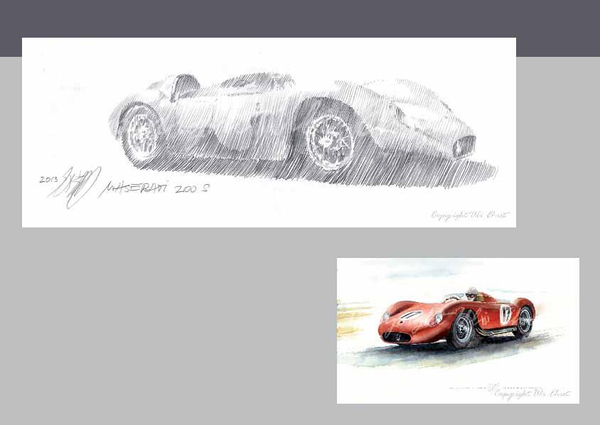 #408 sketch Maserati 200 S - On canvas: 180 x 80 cm, 130 x 60 cm, 70 x 30 cm - Framed prints: 25