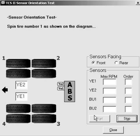 Sensor identification is indicated in the boxes located in the bottom left portion of the Sensor Orientation Test screen. Figure 30. Figure 30 6. Click on Start to begin the test. Figure 31.