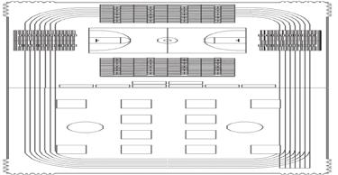 Basketball and Convention The Basketball Seating is configured with 12-20' (6m) sections x 15 tier for a total seating capacity of 1836.