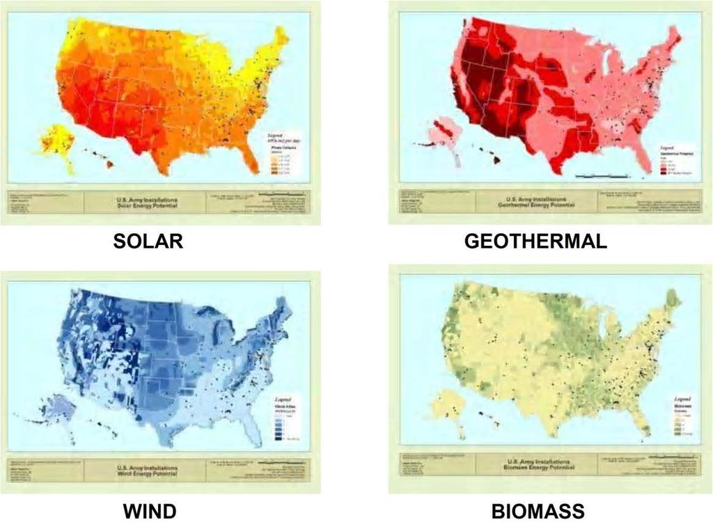 14 Figure 7 - National renewable energy source potential by geographic location Solar Large-scale solar power using photovoltaic cells has great potential for installation applications.
