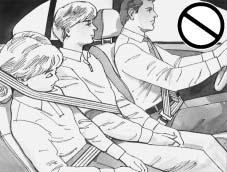 {CAUTION: Never do this. Here two children are wearing the same belt. The belt can not properly spread the impact forces. In a crash, the two children can be crushed together and seriously injured.