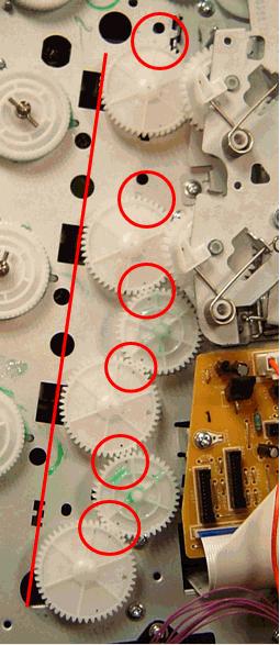 NOTE: If this procedure has been properly followed, in the back of the printer, you will see the 4 white cams that control the movement of developers (see figure below).