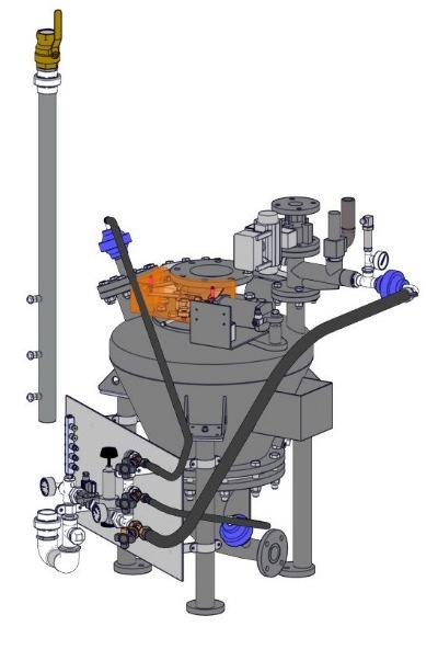 Pneumatic dense phase conveying by a push conveying process with high load and slow conveying speed for gentle conveying; suitable for sensitive and abrasive bulk solids, for high temperatures up to