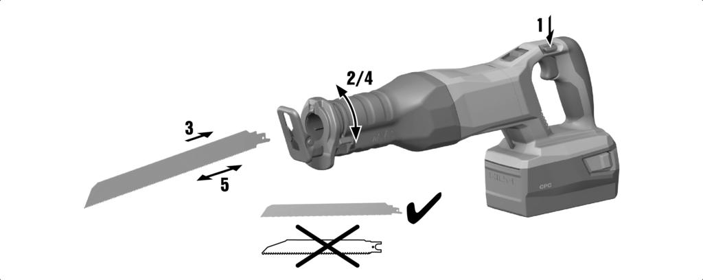 5.5 Installing the scaffold hook (accessory) 1. Engage the transport lock. 2. Install the scaffold hook. 5.6 Inserting the saw blade Use only saw blades with a 1/2" connection end. 1. Activate the transport lock or separate the battery from the power tool.