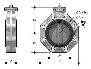FK SERIES BUTTERFLY VALVES Dimensions Water Style Lugged Style DIMENSIONS (inches) Size DN Z B1 B2 H Amin Amax f Alug flug # holes 1-1/2 1.57 1.30 4.