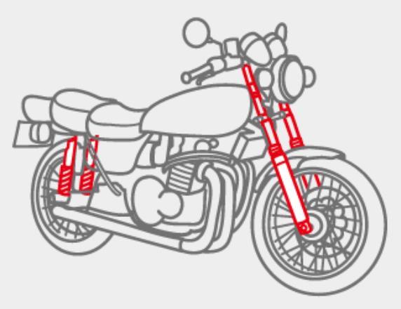 Motorcycles (Suspensions) Suspensions minimize shock to the car body regardless of road surface conditions, pursuing comfort.