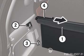Loading and storing Controls 1 Cargo compartment cover blind 2 Top left mounting 3 Bottom left mounting 4 Handle >