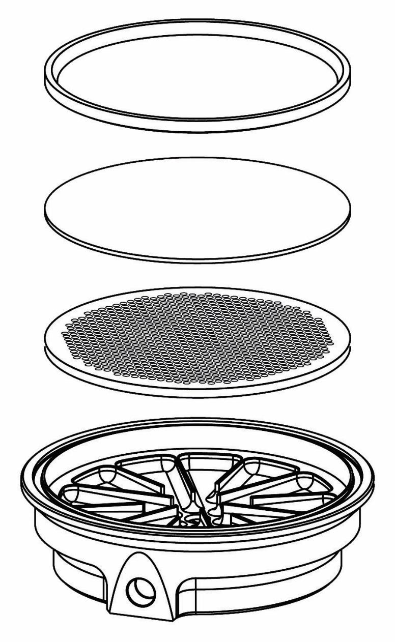 Filter Base System Centering Ring Frit (Filter) *Note: The Bottom Impeller Should NOT Rub on the Filter Perforated Plate Filter Base 1. Place the o-ring in the beveled edge of the filter base. 2.