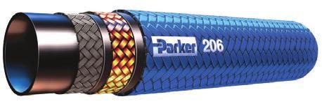 Low pressure applications Construction Tube: Parker PKR-elastomer tube Reinforcement: Textile inner braid, high tensile steel wire braid Cover: Rubber layer and blue textile braided cover Temperature