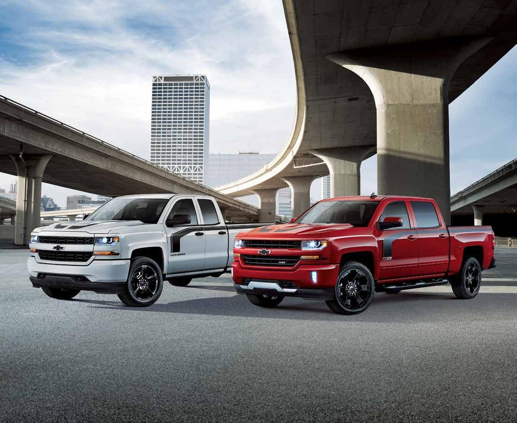 SPECIAL EDITIONS Silverado 1500 4-door Double Cab Standard Box Custom in Summit White with available Rally 1 Edition and Silverado 1500 Crew Cab Short Box LT Z1 in Red Hot with available Rally 2