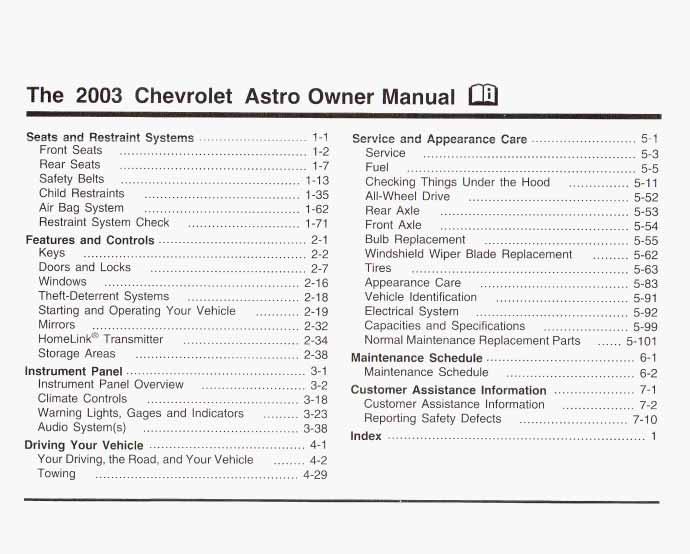 The 2003 Chevrolet Astro Owner Manual Seats and Restraint Systems... I-! Front Seats... 1-2 Rear Seats... 1-7 Safety Belts... 1-13 Child Restraints... 1-35 Air Bag System... 1-62 Restraint System Check.